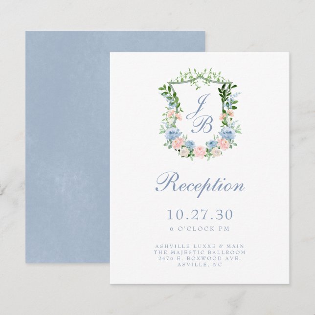 Dusty Blue Floral Crest Wedding Reception Enclosure Card (Front/Back)