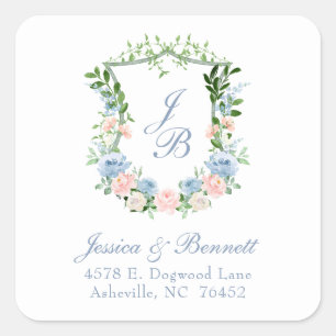 Dusty Blue Floral Crest Wedding Return Address Square Sticker