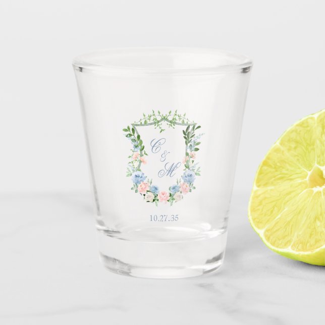 Dusty Blue Floral Crest Wedding Shot Glass (Front)