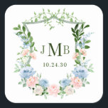 Dusty Blue Floral Crest Wedding Square Sticker<br><div class="desc">These 3" stickers are perfect for putting on favours at your engagement party, shower, rehearsal dinner or wedding. The crest with blush pink, dusty blue, and white watercolor roses on green foliage is stunning. And, your initials and party date/wedding date in 2 shades of coordinating green in a beautiful traditional...</div>