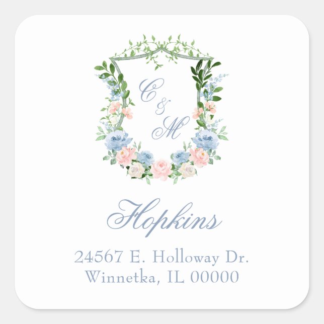 Dusty Blue Floral Crest Wedding Square Sticker (Front)