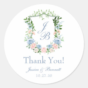 Dusty Blue Floral Crest Wedding Thank You Classic Round Sticker