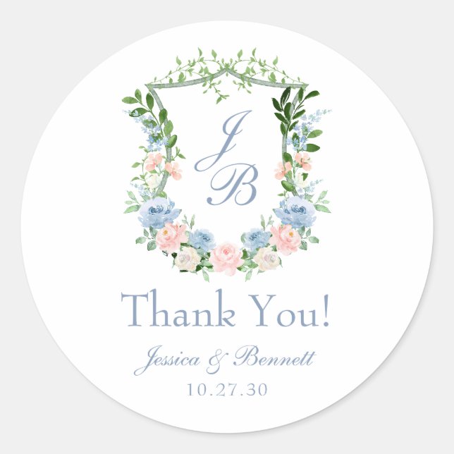 Dusty Blue Floral Crest Wedding Thank You Classic Round Sticker (Front)
