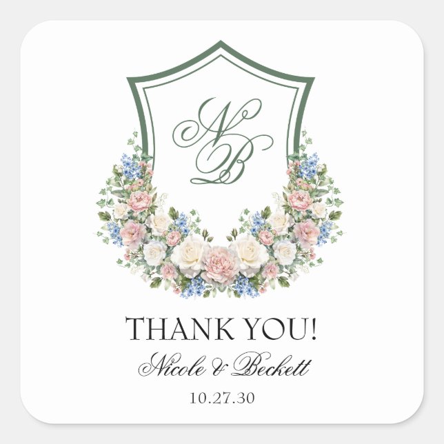Dusty Blue Floral Crest Wedding Thank You Square Sticker (Front)