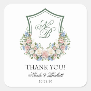 Dusty Blue Floral Crest Wedding Thank You Square Sticker