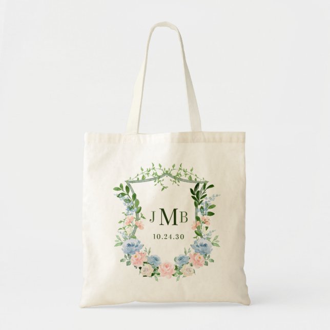 Dusty Blue Floral Crest Wedding Tote Bag (Front)