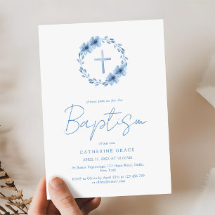 Dusty Blue Floral Cross Minimalist Baptism Invitation