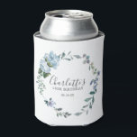 Dusty Blue Floral Custom 18th Birthday Custom Can Cooler<br><div class="desc">Very elegant can coolers for a 18th birthday party. A floral wreath features dusty blue peony and rose flowers nestled in blue eucalyptus leaves. The woman's name is written in a trendy script font. 18th Birthday and date follow. This 18th Birthday can cooler is part of the 18th Birthday Dusty...</div>