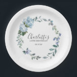 Dusty Blue Floral Custom 18th Birthday Custom Paper Plate<br><div class="desc">Very elegant paper plates for a 18th birthday party. A floral wreath features dusty blue peony and rose flowers nestled in blue eucalyptus leaves. The woman's name is written in a trendy script font. 18th Birthday and date follow. This 18th Birthday can cooler is part of the 18th Birthday Dusty...</div>