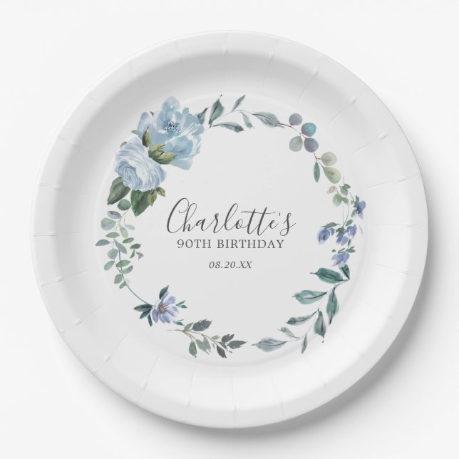  Dusty Blue Floral Custom 90th Birthday Custom Paper Plate (Front)