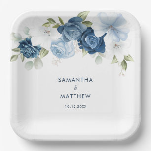 Dusty Blue Floral Custom Wedding Paper Plate