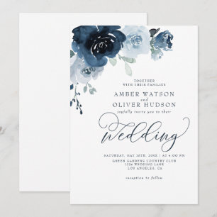 Dusty Blue Floral Dark Navy Pastel Boho Wedding Invitation