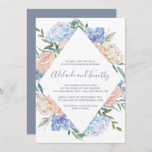 Dusty Blue Floral Diamond Couples Shower Invitation