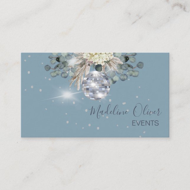 Dusty Blue Floral Disco Ball Events Planner  Business Card (Front)