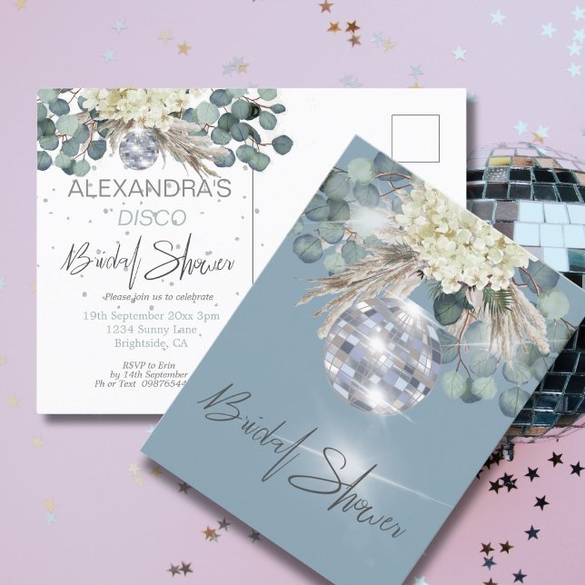 Dusty Blue Floral Disco Bridal Shower Invitation Postcard (Creator Uploaded)
