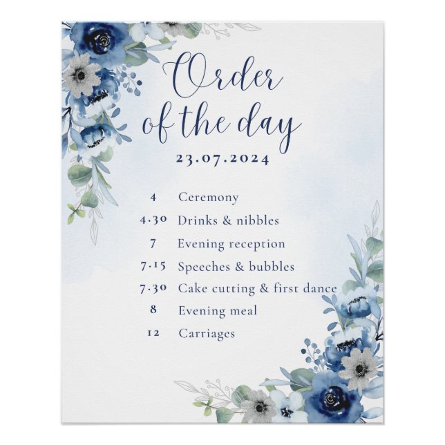 Dusty Blue Floral Editable Wedding Order Day Sign (Front)