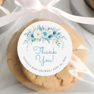 Dusty Blue Floral Elegant Baby Shower Thank You Classic Round Sticker