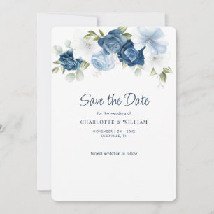 Dusty Blue Floral Elegant Bloom Wedding Save The Date