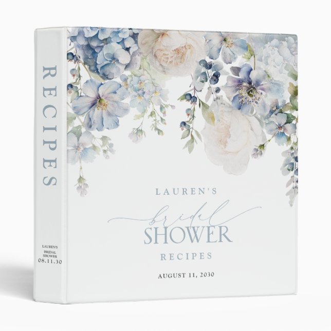 Dusty Blue Floral Elegant Bridal Shower Recipe Binder (Front/Spine)