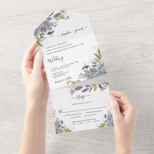 Dusty Blue Floral Elegant Garden Wedding All In One Invitation