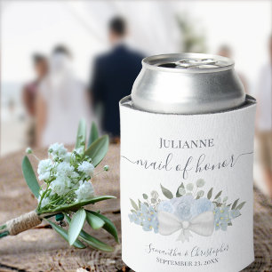 Dusty Blue Floral Elegant Maid of Honour Wedding Can Cooler