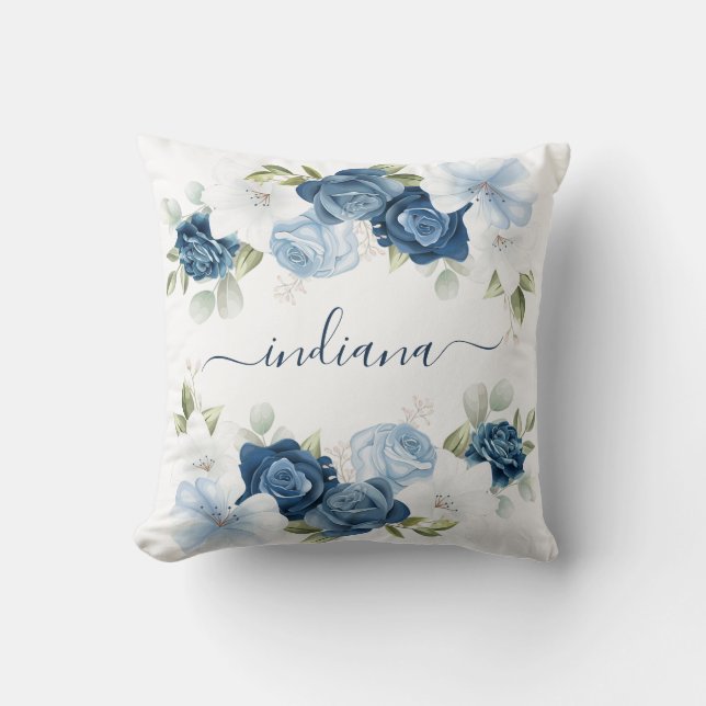 Dusty Blue Floral Elegant Monogram Throw Pillow (Front)