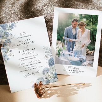 Dusty Blue Floral Elegant Photo Back Wedding Invitation