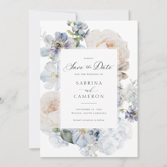 Dusty Blue Floral Elegant Roses Wedding Invitation (Front)