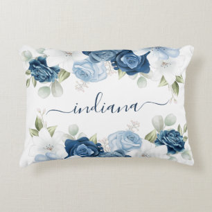 Dusty Blue Floral Elegant Script Monogram Accent Pillow