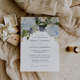Dusty Blue Floral Elegant Wedding  Invitation