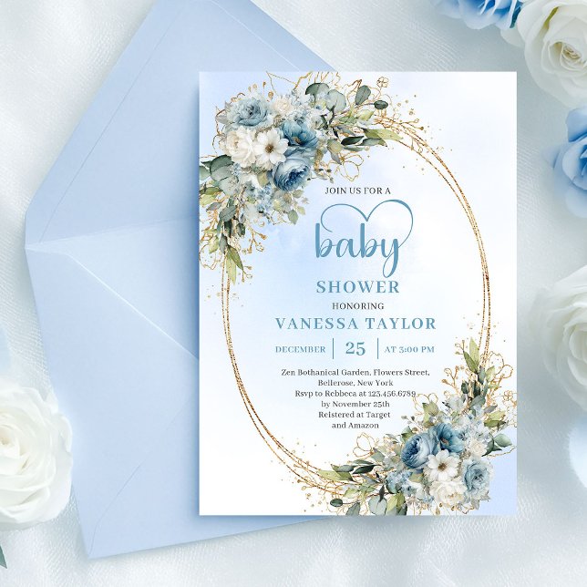 Dusty Blue Floral Eucalyptus Gold Script Baby Show Invitation (Dusty Blue Floral Eucalyptus Gold Script Baby Shower

)