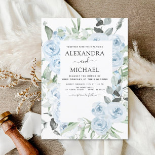 Dusty Blue Floral Eucalyptus Greenery Wedding Invitation