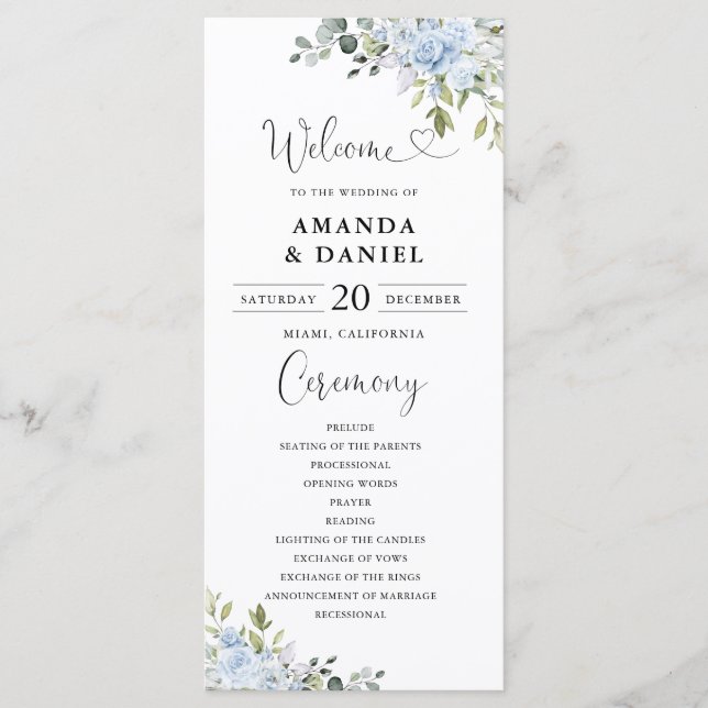 Dusty Blue Floral Eucalyptus Wedding Program (Front)