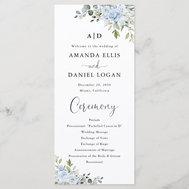 Dusty Blue Floral Eucalyptus Wedding Program (Front)