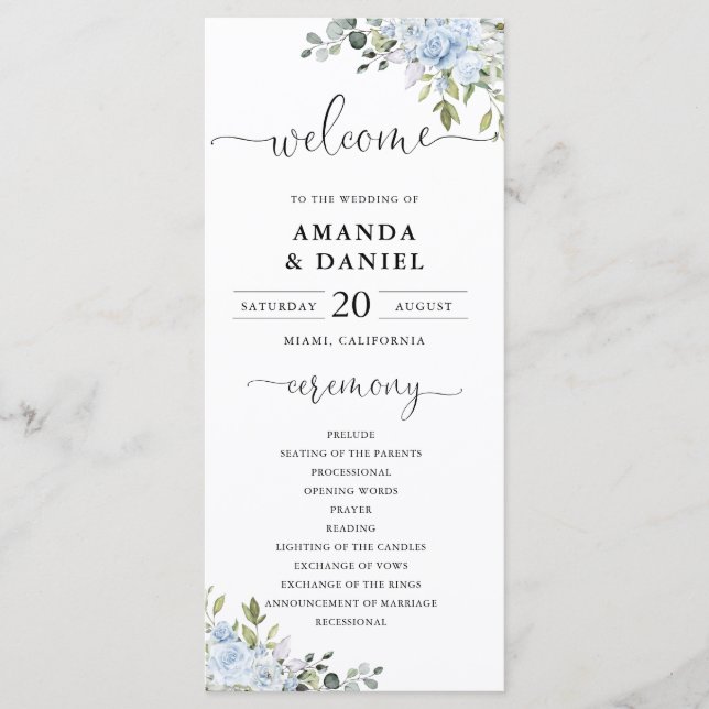 Dusty Blue Floral Eucalyptus Wedding Program (Front)