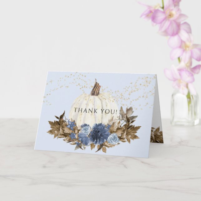 Dusty Blue Floral Fall Pumpkin Gold Star Thank You Card (Orchid)