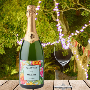 Dusty Blue Floral Fiesta Mexican Wedding  Sparkling Wine Label