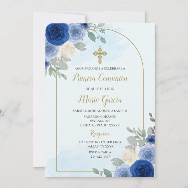 Dusty blue floral first comunion Invitation (Front)