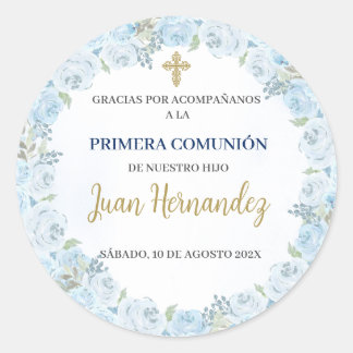 Dusty Blue Floral First Comunion Invitation Classic Round Sticker
