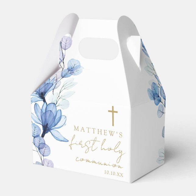 Dusty Blue Floral First Holy Communion Favor Box (Front Side)