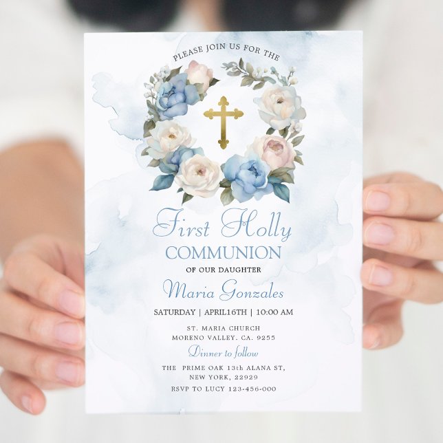 Dusty Blue Floral First Holy Communion Invitation (Creator Uploaded)