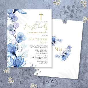 Dusty Blue Floral First Holy Communion Invitation