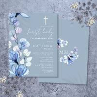Dusty Blue Floral First Holy Communion Invitation