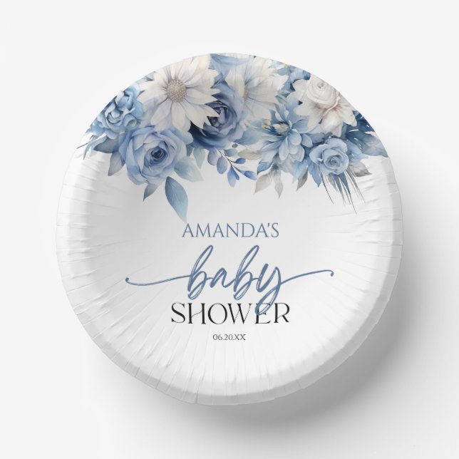 Dusty Blue Floral Flowers Baby Shower Paper Plate (Front)