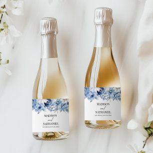Dusty Blue Floral Flowers Garden Wedding Sparkling Wine Label