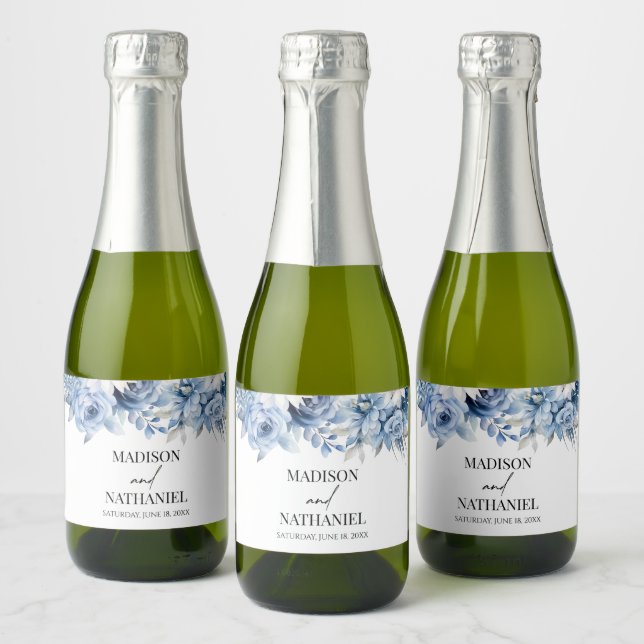 Dusty Blue Floral Flowers Garden Wedding Sparkling Wine Label (Bottles)