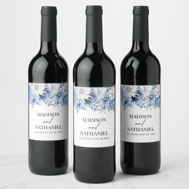 Dusty Blue Floral Flowers Garden Wedding Wine Label (Bottles)