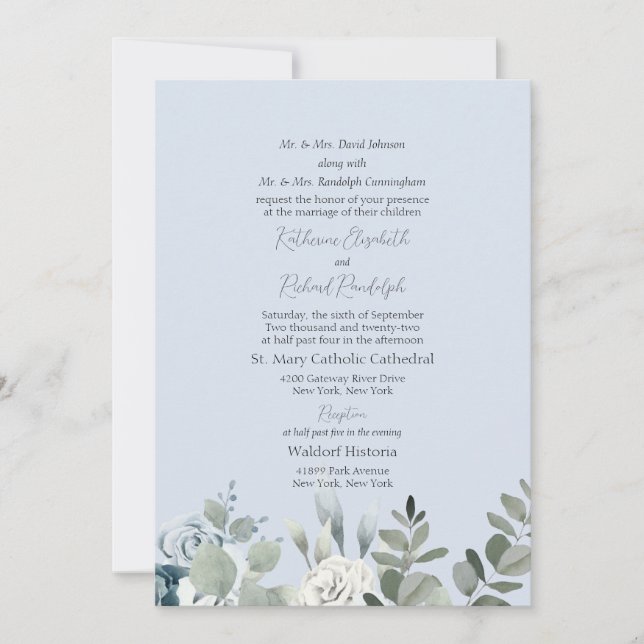 Dusty Blue Floral Formal Both Parents Wedding Invitation (Front)