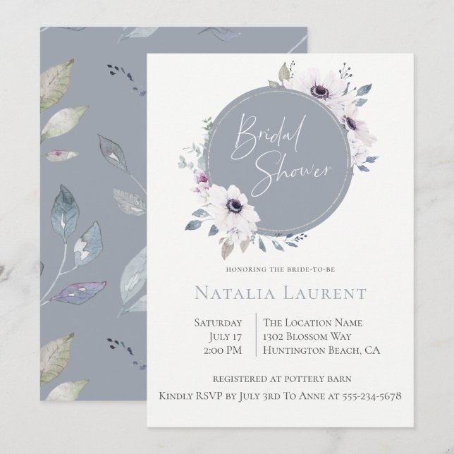 Dusty Blue Floral Frame Bridal Shower Invitation (Devant / Derrière)