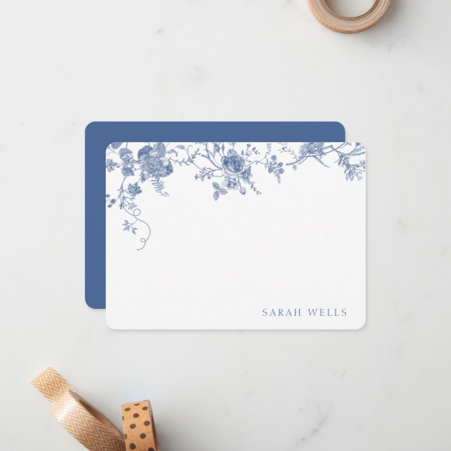 Dusty Blue Floral French Toile Personalized Card (Front/Back In Situ)